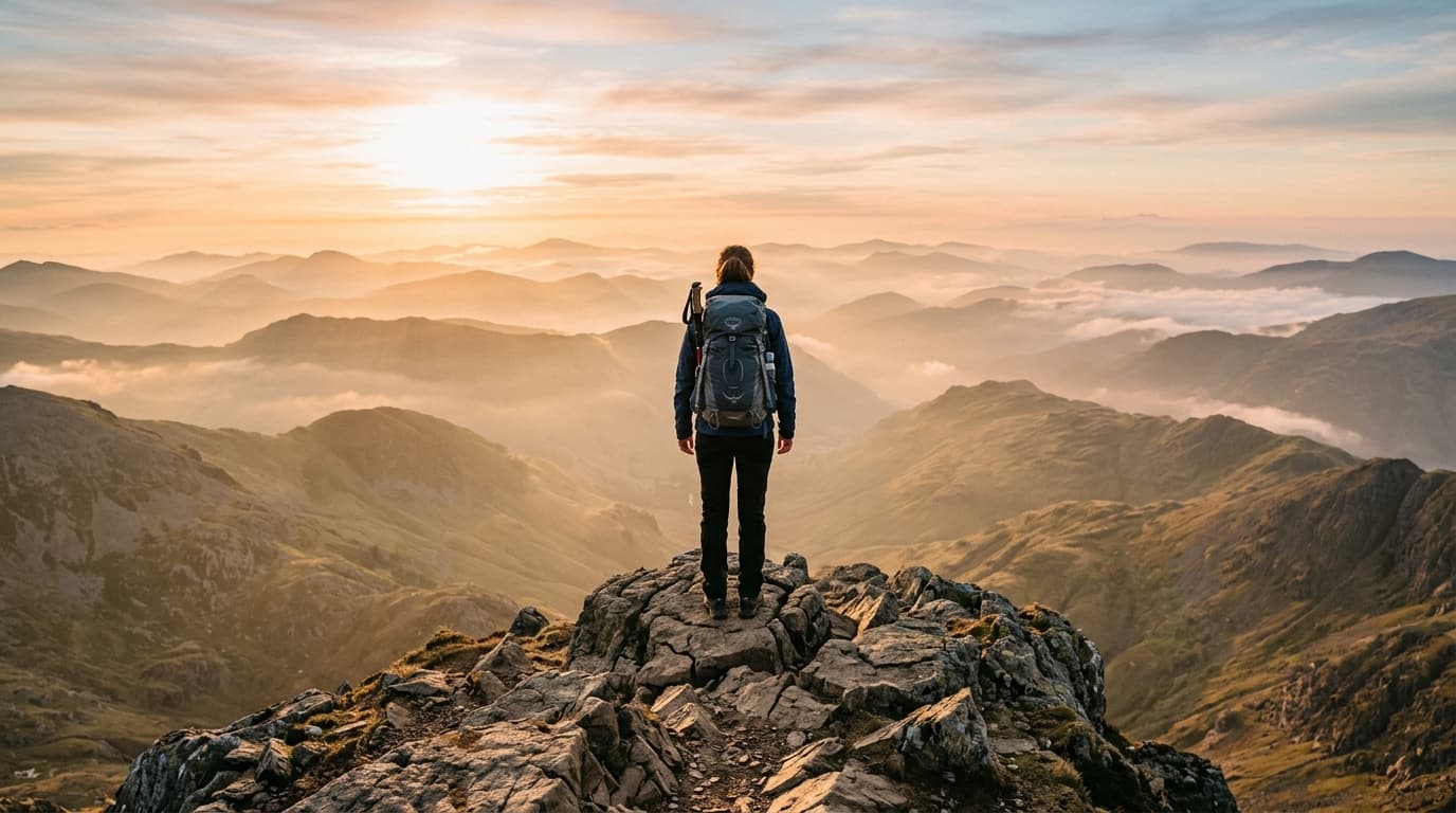 A lone hiker on a mountain summit at sunrise, overlooking layered peaks